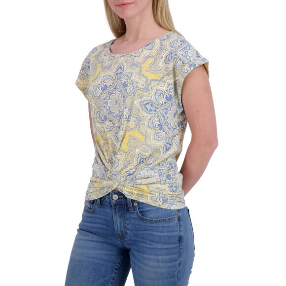 2/$30 Lucky Brand Twist Front Medallion Print Tee Cap Sleeve Mustard Large #BAG2 - Picture 3 of 11